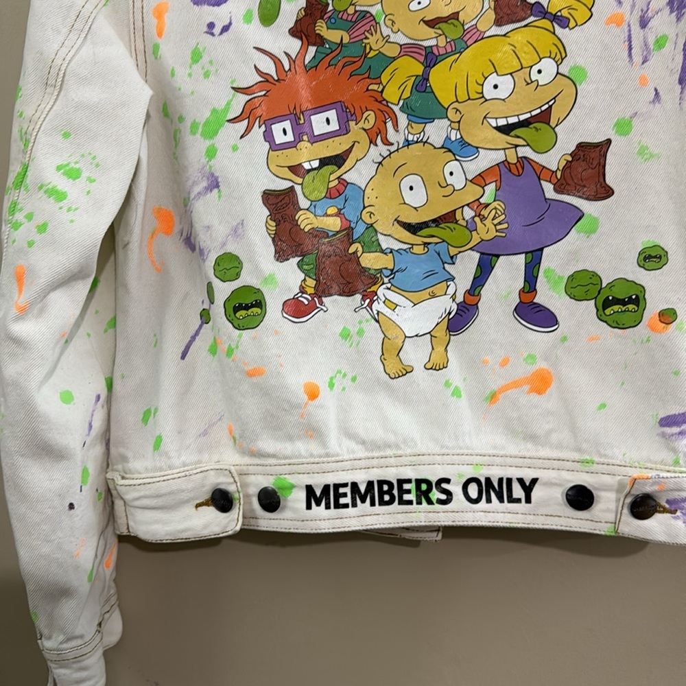 NICKELODEON Rugrats Reptar Bar White Jean Jacket Paint Splatter - Picture 6 of 11